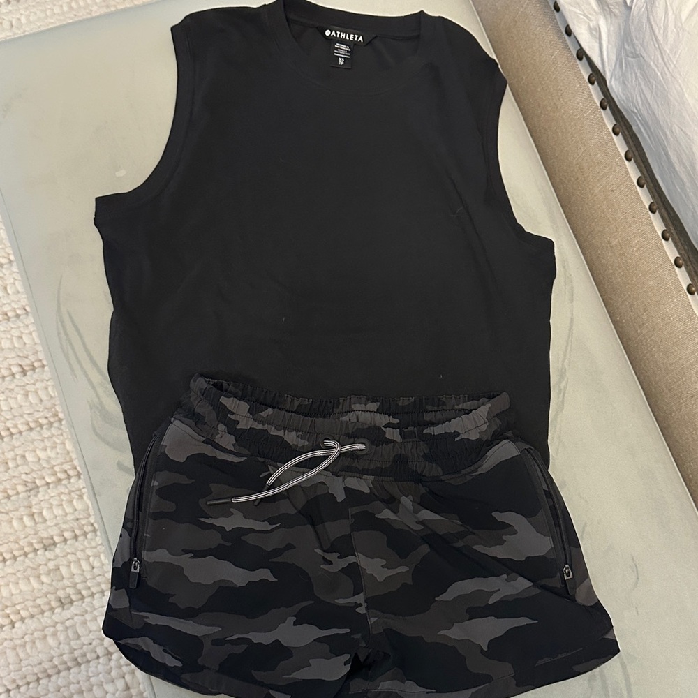 Athleta Black Tank and Camo Shorts Ensemble